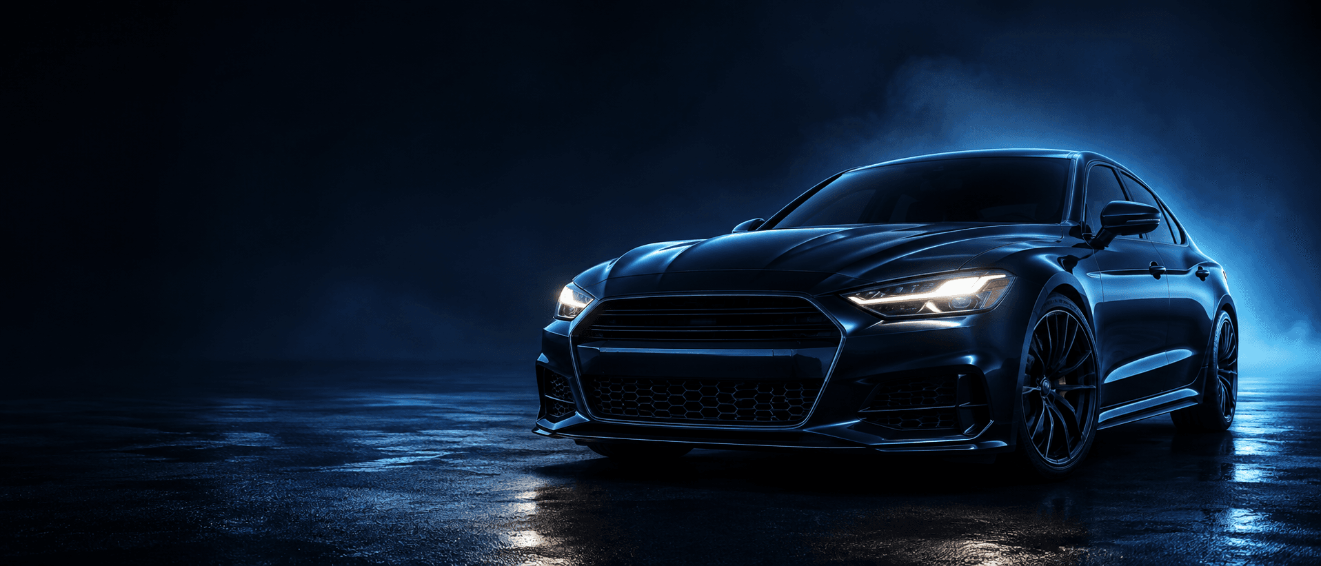 Modern performance coupe, 3/4 front, dark cinematic studio