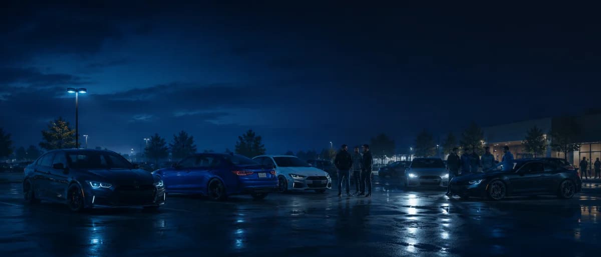 Sport sedan at dusk, community meetup context