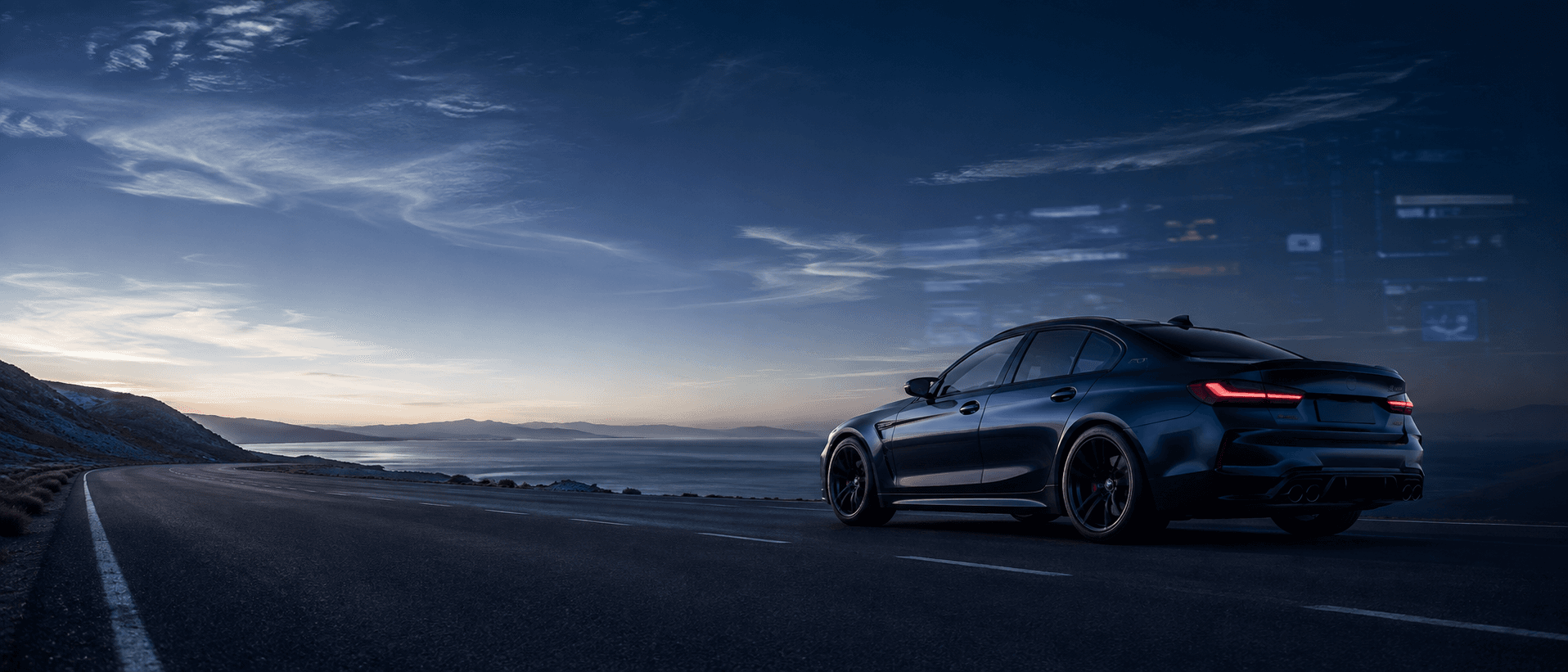 Sedan at dusk on a coastal road, dashboard HUD overlay converging toward the vehicle