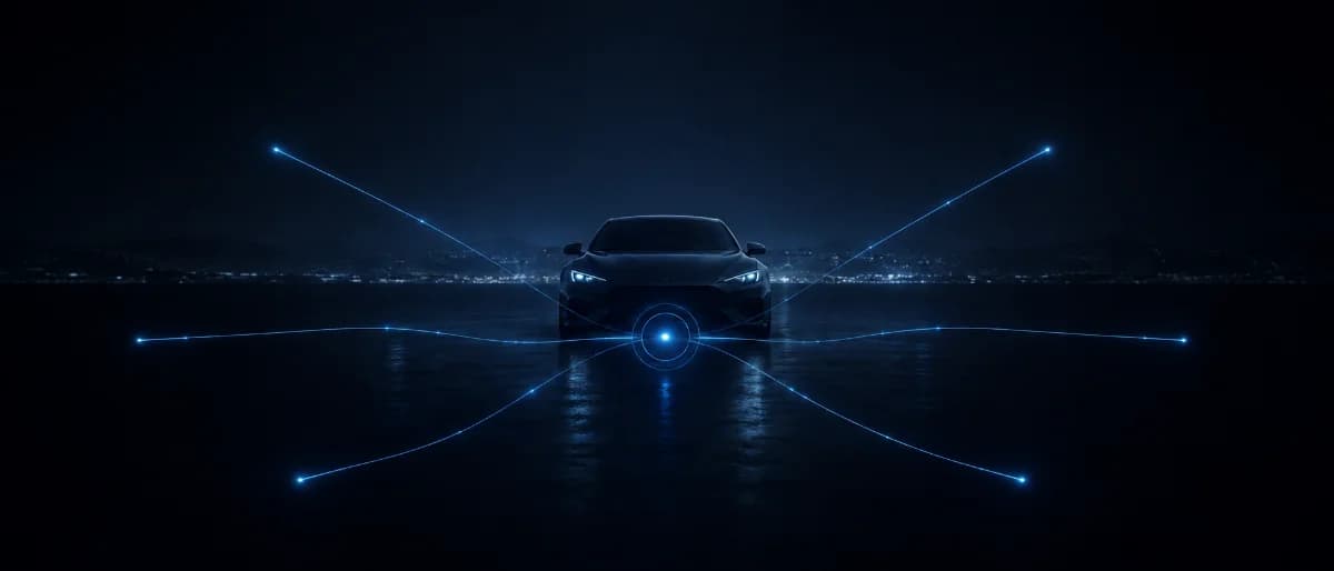 Hero coupe returning, full clarity, open road/clearing sky, glowing connection lines converging on a central hub